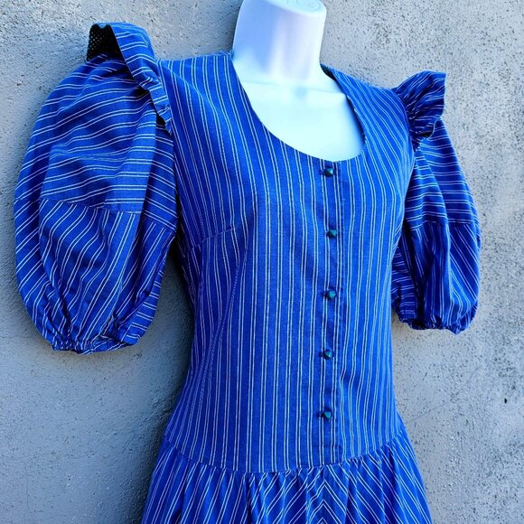 1980s Belle France Blue Stripe Cotton Midi Dress Puffy Sleeves Pockets Sz 6 - Picture 2 of 14